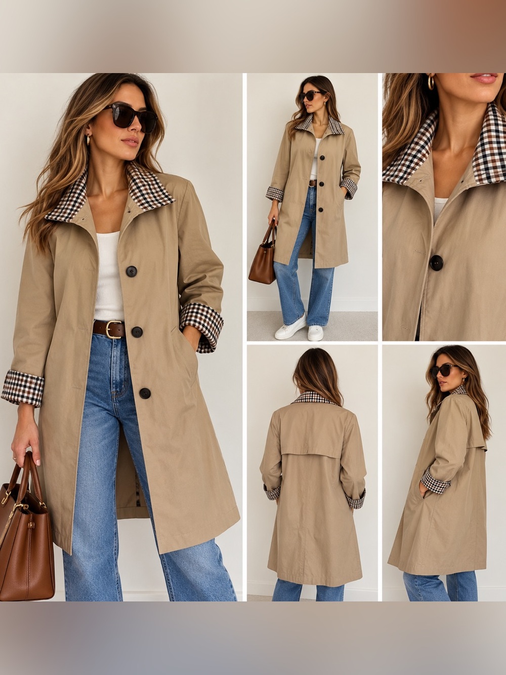 ZARA NWT Tan Plaid Trim Lightweight Trench Coat Raincoat Size S